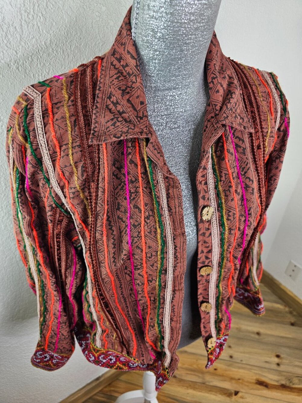 The Territory Ahead Tapestry Aztec Button Down Linen Jacket Size Large